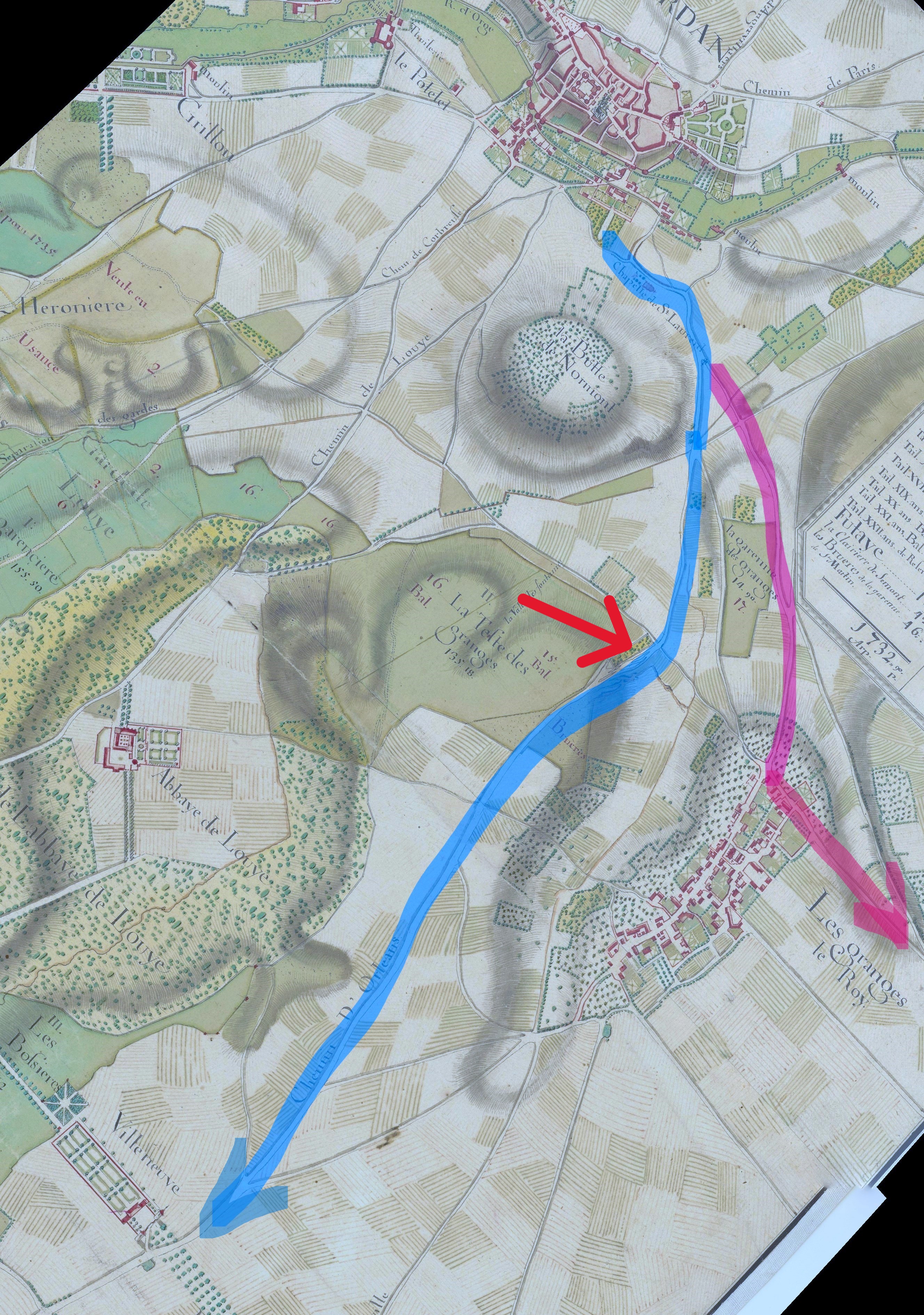 Le chemin d'Orléans à Dourdan, sur une carte de 1734